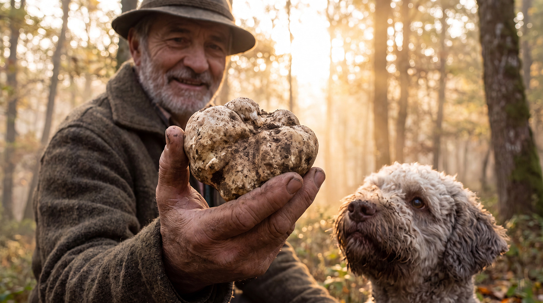 Трюфельери с собакой Lagotto Romagnolo находят трюфель в лесу